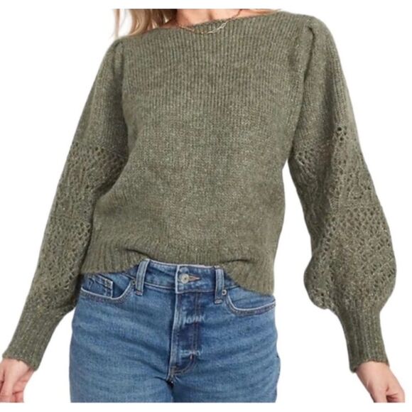OLD NAVY Wool Blend Boat-Neck Heathered Pointelle-Knit Sweater, Olive, Sz 2X - Picture 1 of 9